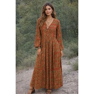 April Cornell Women's XL Burnt Orange Floral Medallion Maxi Peasant Dress NWT